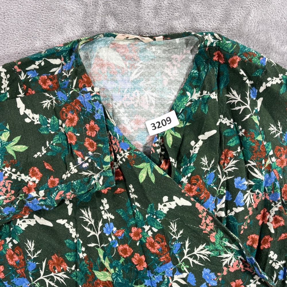 Soft Surroundings Wrap Top Womens Large Green‎ Floral Print 3/4 Sleeve V-Neck